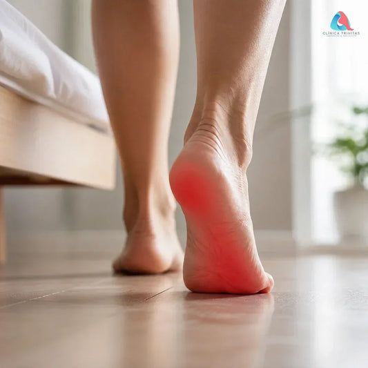 Persona con fascitis plantar dando los primeros pasos en la mañana con dolor en el talón
