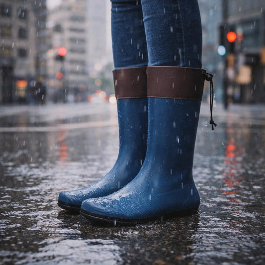 Persona usando botas barefoot azules bajo la lluvia en Santiago, calzado impermeable y ergonómico.