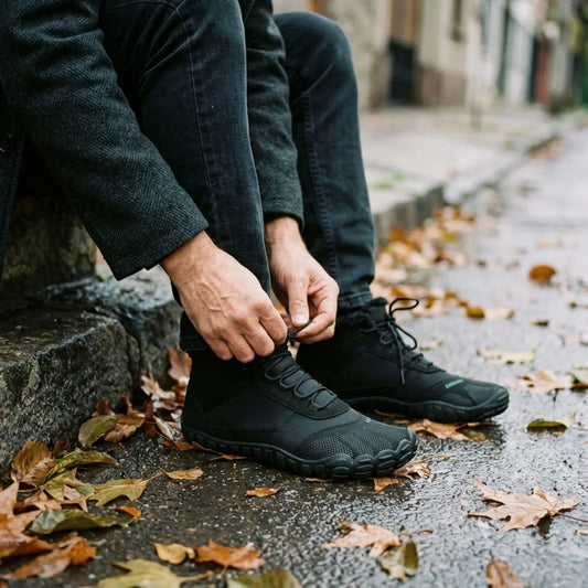 Adulto ajustando sus botas barefoot negras Saguaro Will I sobre pavimento mojado, calzado resistente y flexible para invierno.