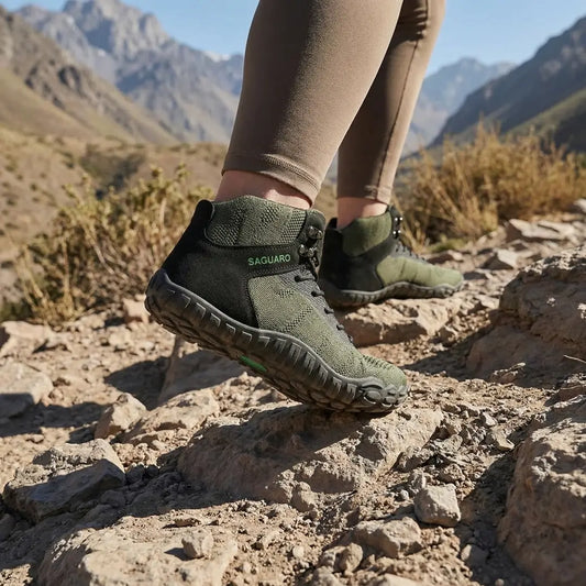 Mujer usando botas de trekking barefoot Saguaro Vitality V verde, calzado respetuoso y técnico para exploradoras en Chile.