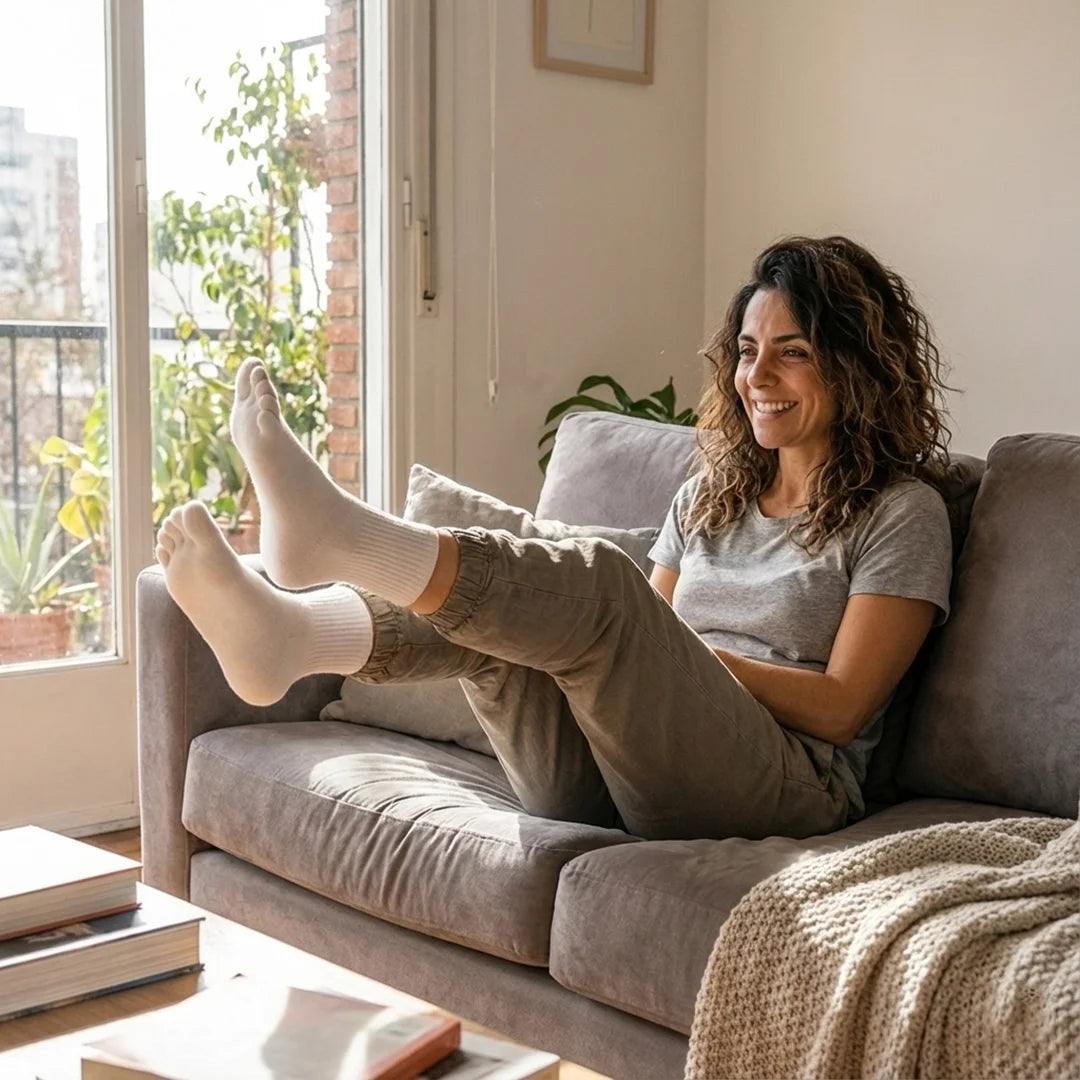 Mujer sentada usando calcetines con dedos blancos saguaro. 