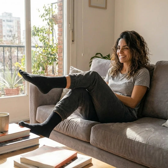 Mujer sentada usando calcetines con dedos negro saguaro. 