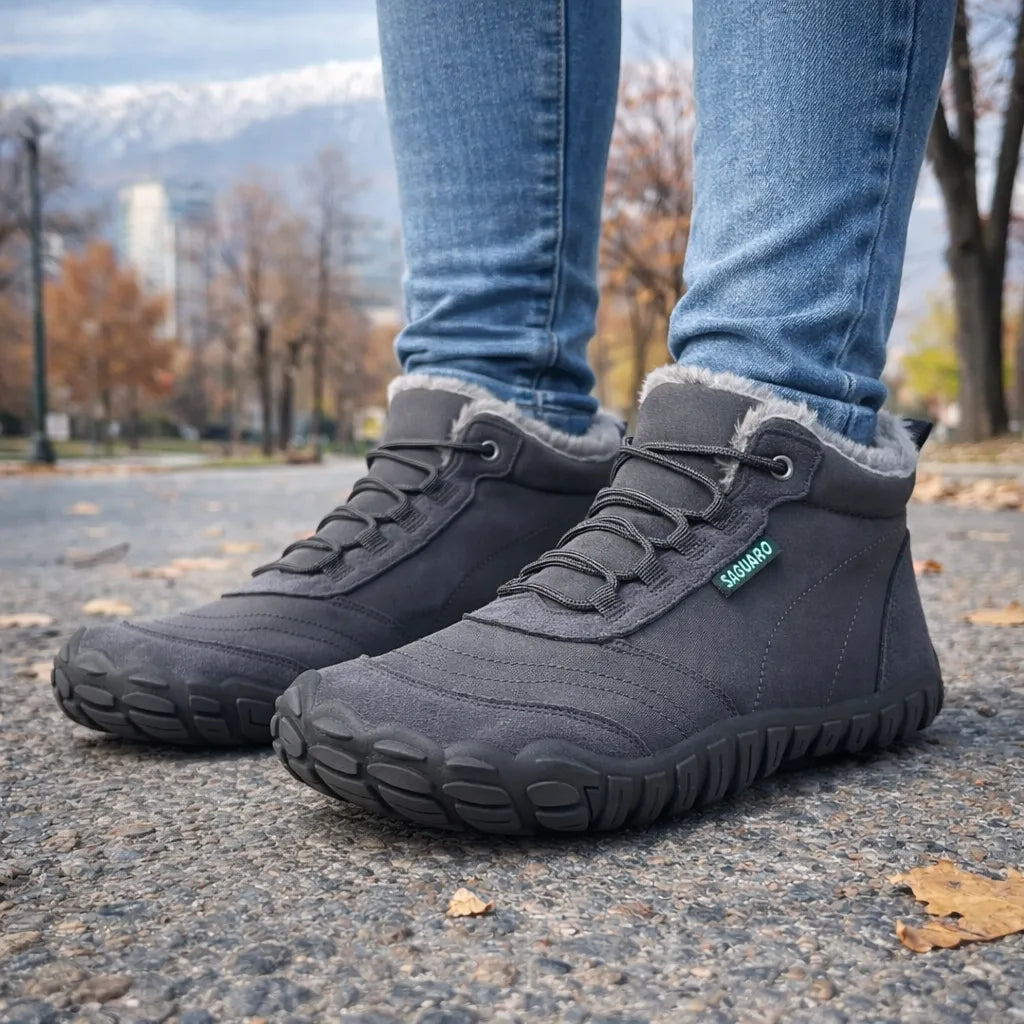 Mujer usando botines barefoot Saguaro Will II gris al aire libre. 