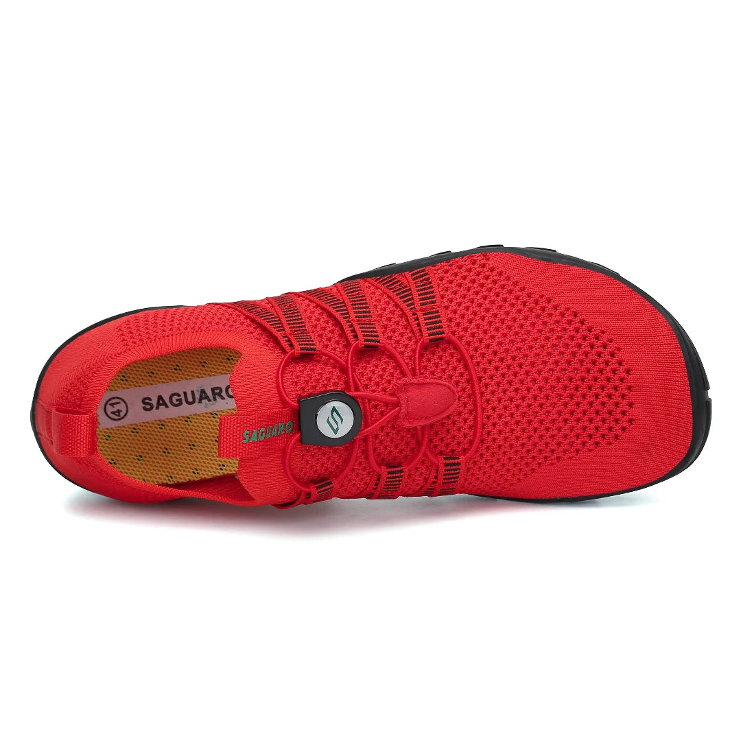 Calzado barefoot de verano con tejido de malla roja transpirable y secado ultra rápido.