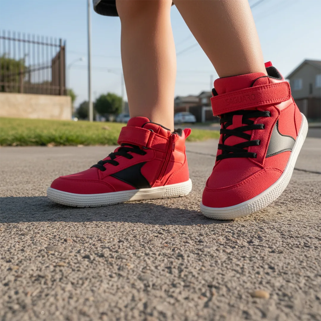Niño caminando por la ciudad usando zapatos bebé ergonómicos rojos modelo Kids Wonderland.