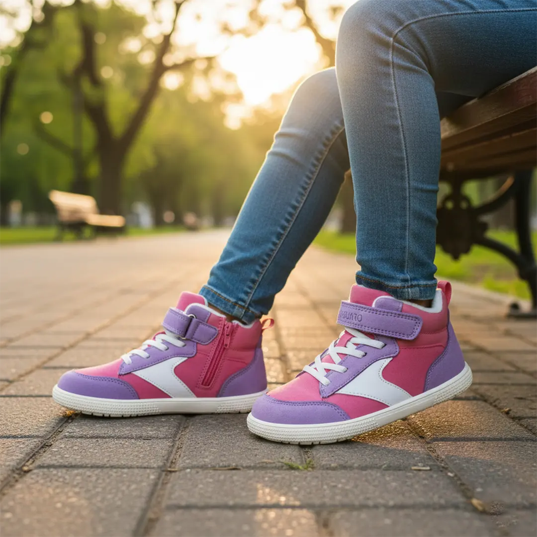 Niña sentada en un parque usando zapatos bebé ergonómicos rosa modelo Kids Wonderland.