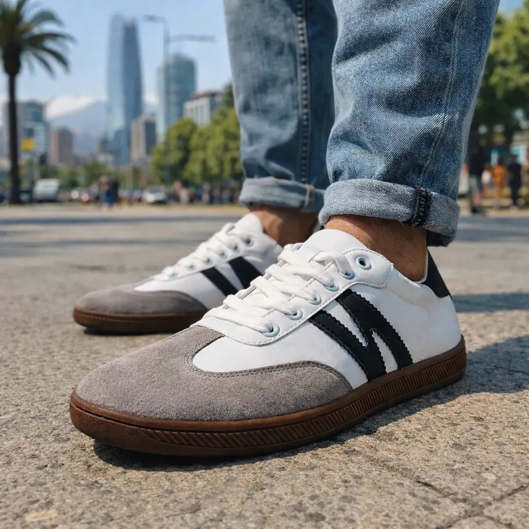 Detalle de calzado minimalista blanco en un entorno urbano moderno de Santiago.