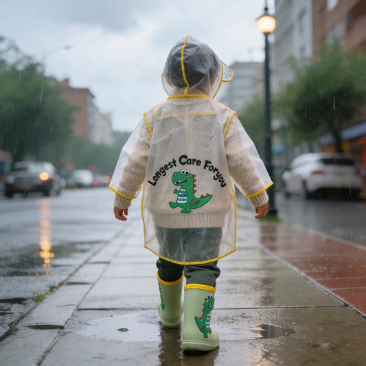 Niño usando capa amarilla de Mario para protegerse de la lluvia. 
