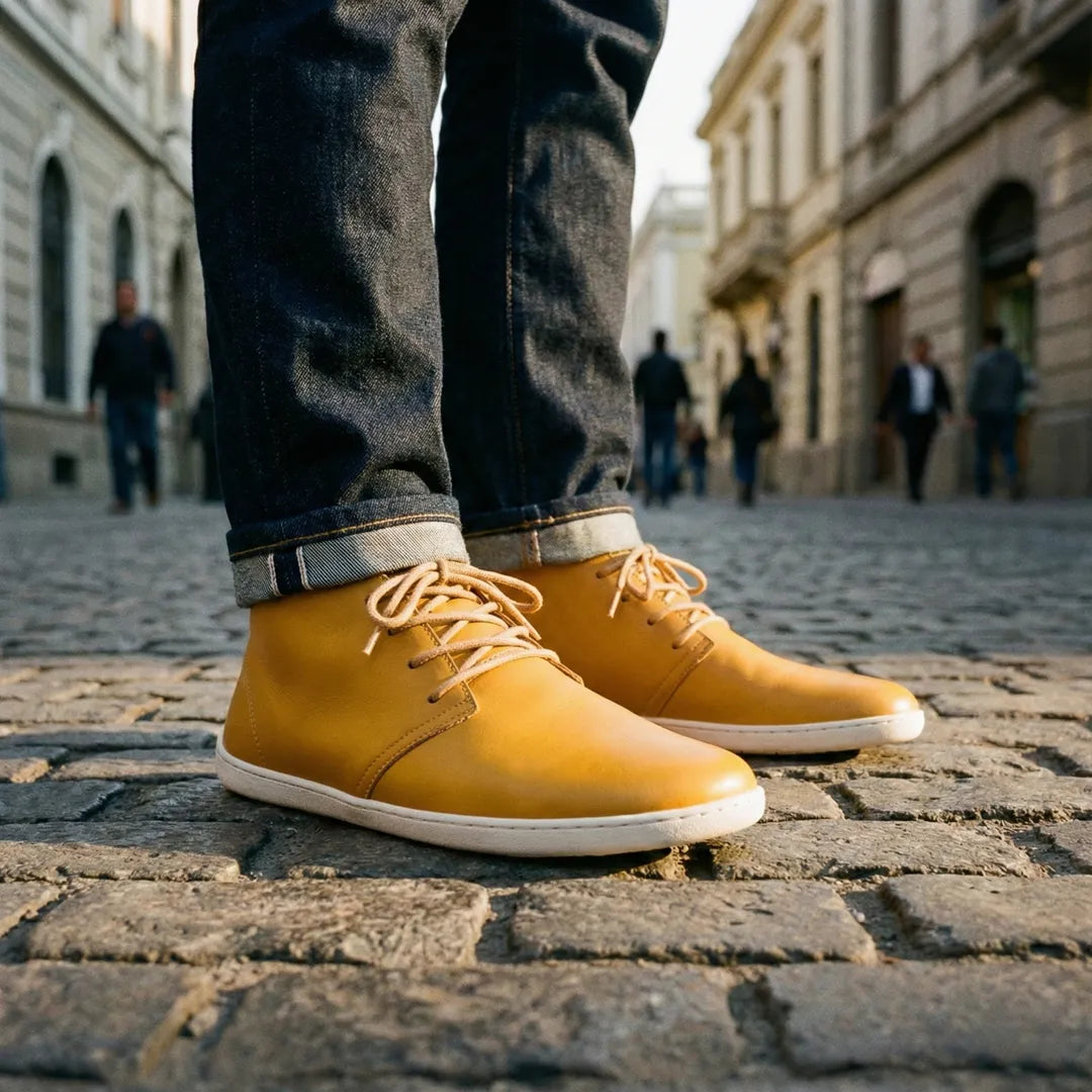 Hombre caminando en calle adoquinada usando zapatos minimalistas amarillos Saguaro Noble I.