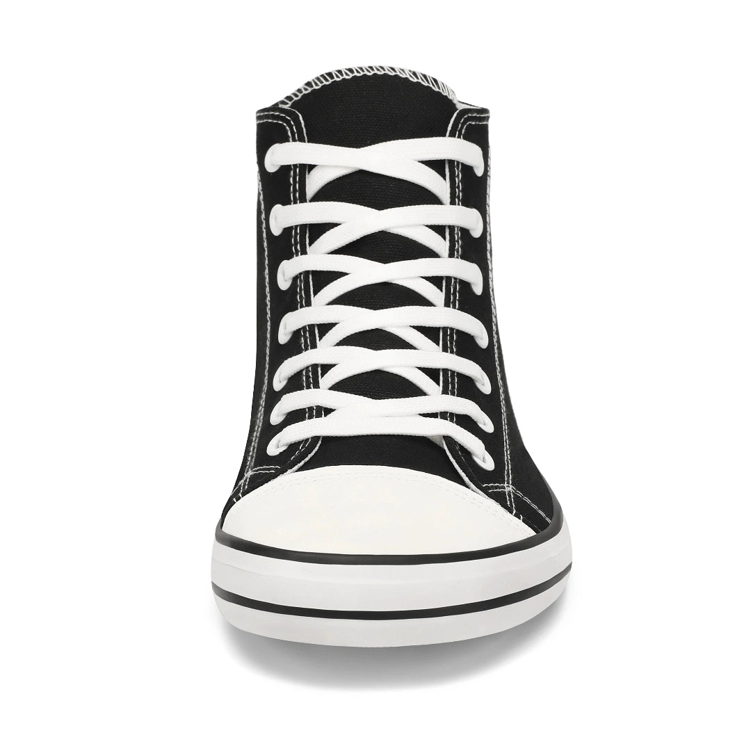 Vista frontal zapatilla barefoot mujer negra con puntera ancha de goma.