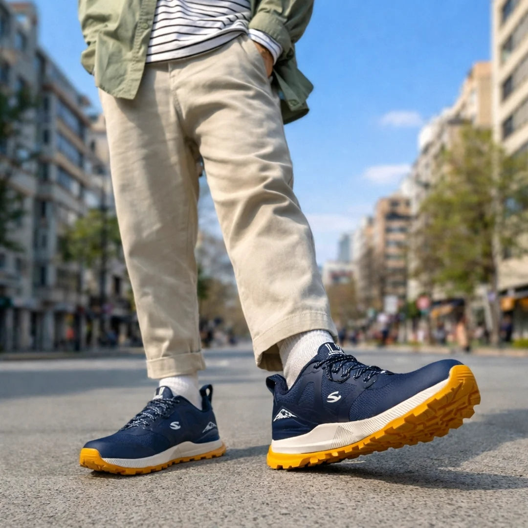 Hombre utilizando zapatilla de transición hobibear azul en la ciudad.