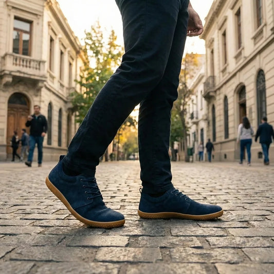 Hombre usando Dream I azul mostrando comodidad en paso natural barefoot.