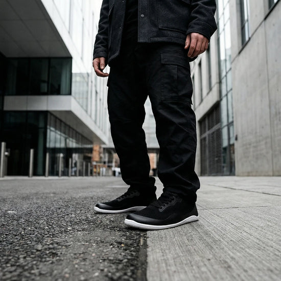 Hombre utilizando Kenaz negras de Sowilo Zapatilla Barefoot en el día a día. 