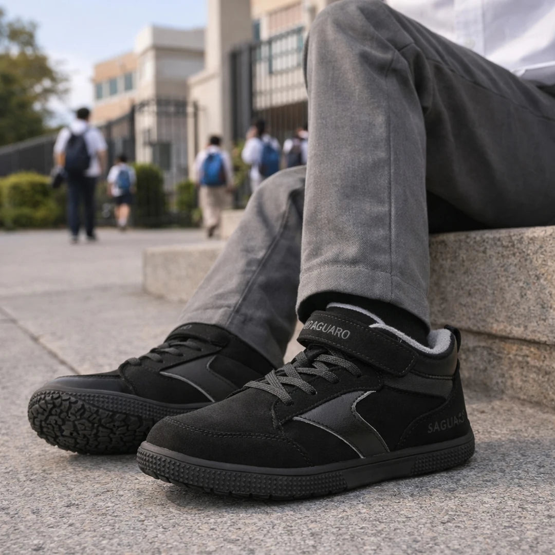 Niño sentado fuera del colegio utilizando las zapatillas barefoot negras. 