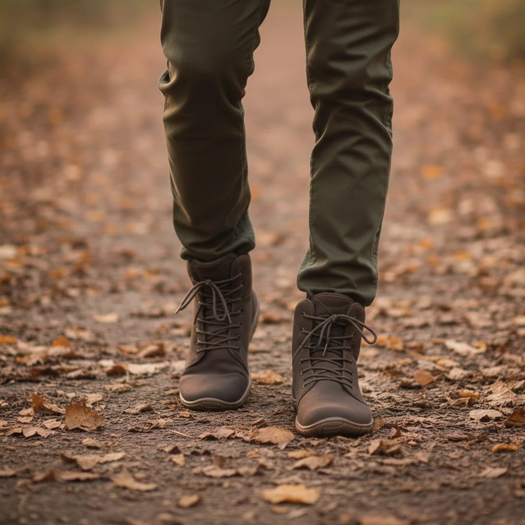 Persona usando botas café Ambition I en un entorno urbano invernal.