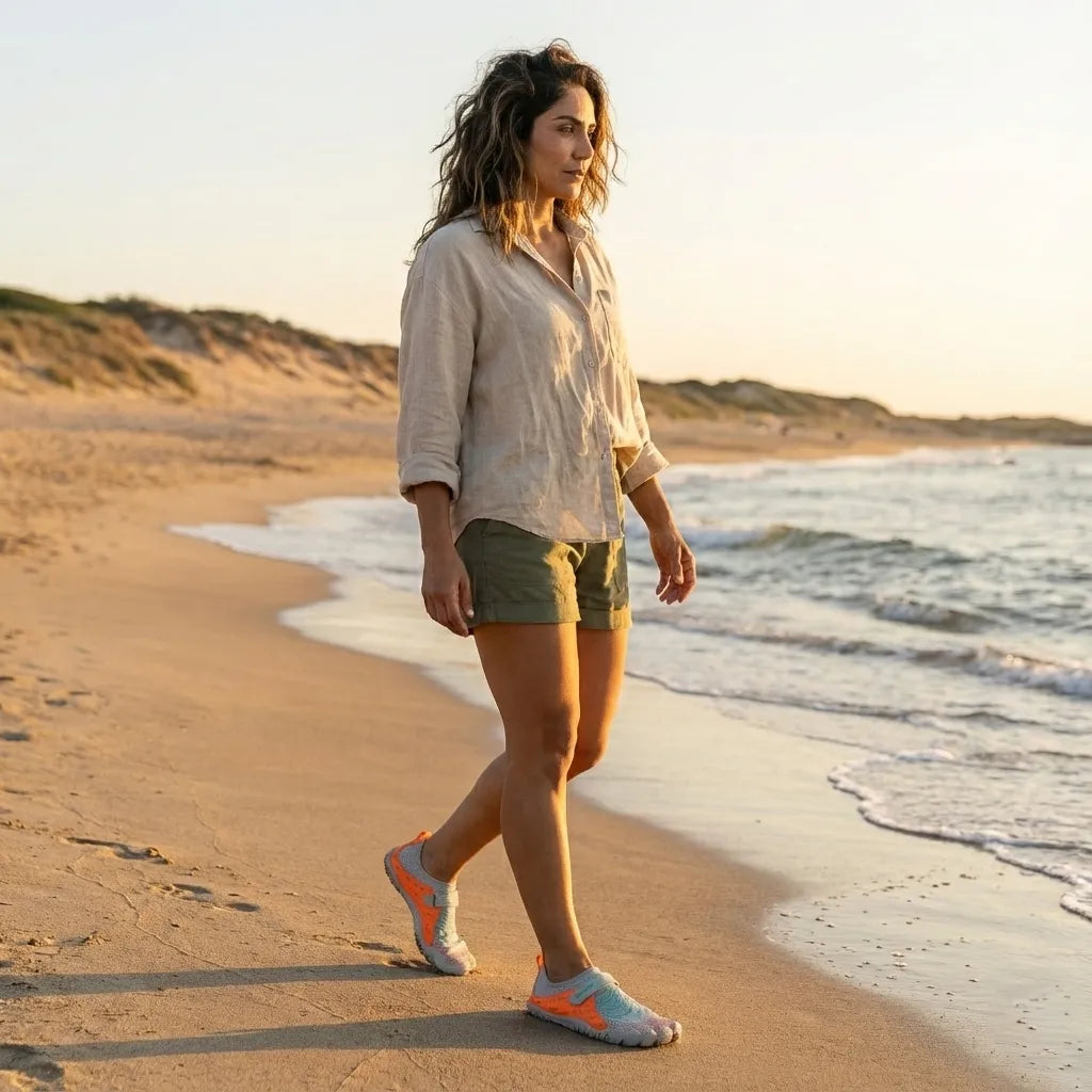 Mujer caminando por la arena en la playa usando zapatillas de agua naranjas.