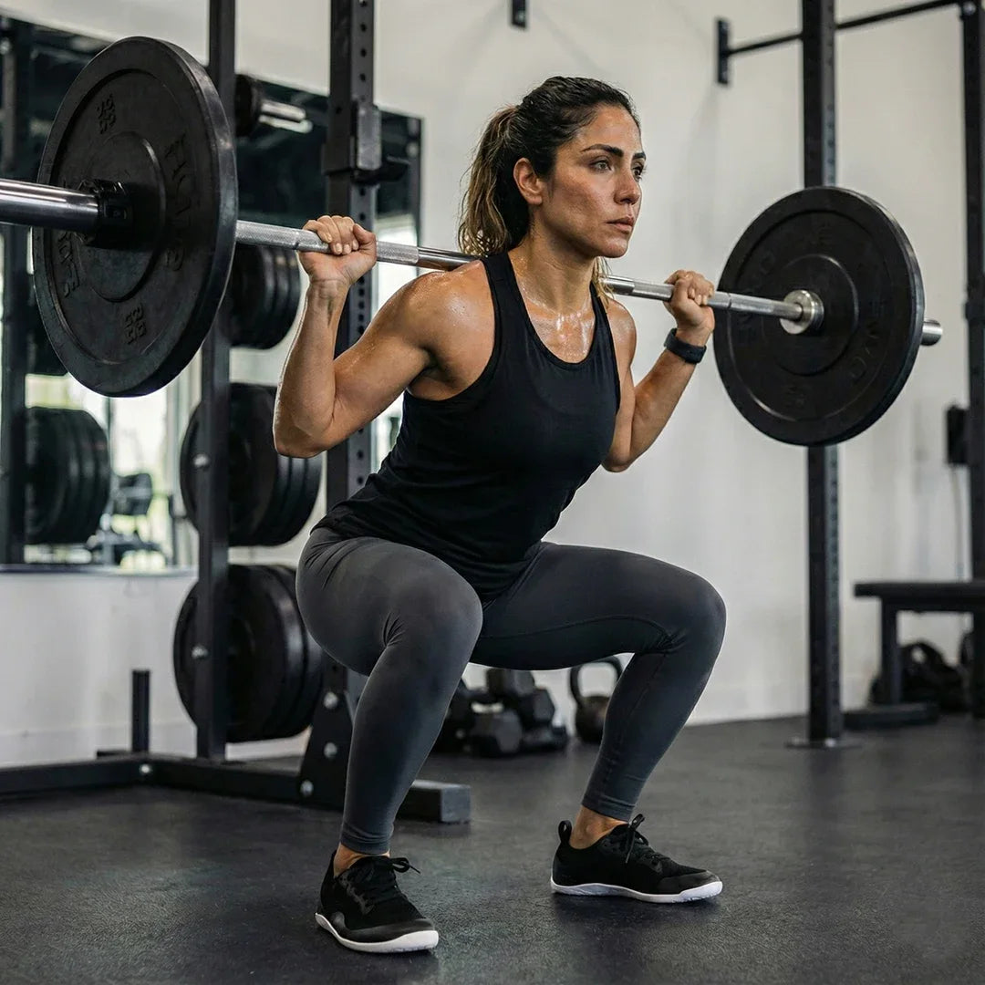 Mujer haciendo pesas en gym con zapatillas barefoot negras.