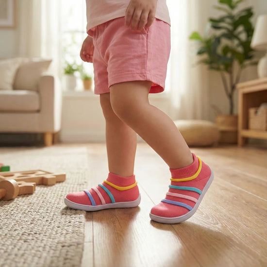 Foto de niña en actividad diaria con calzado respetuoso rosa.