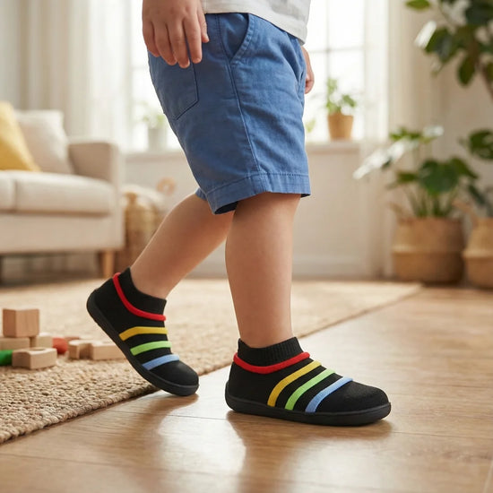 Niño usando zapatillas barefoot negras Saguaro.
