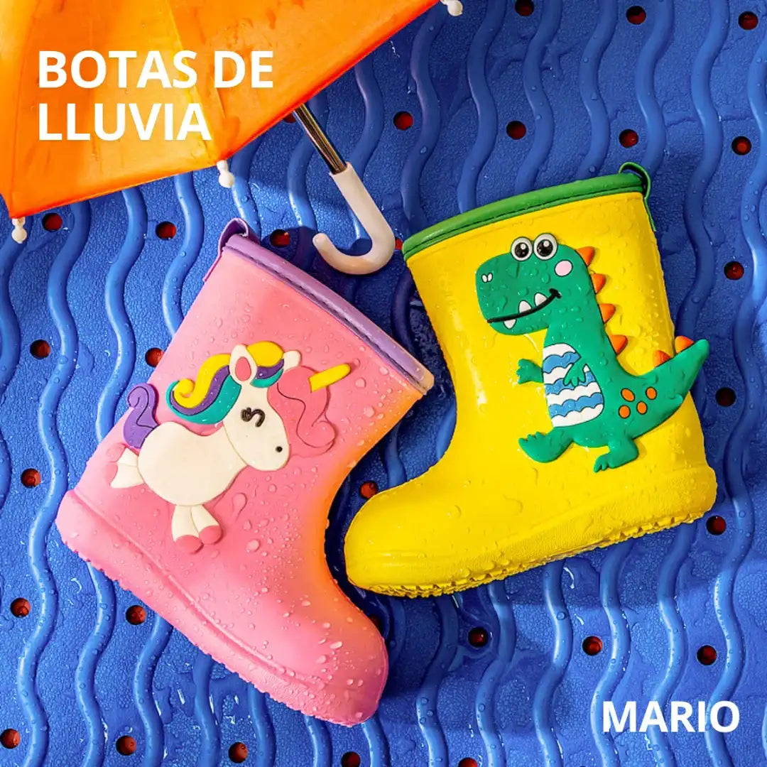 Botas rosa y amarilla sobre superficie azul simulando juego en la lluvia.