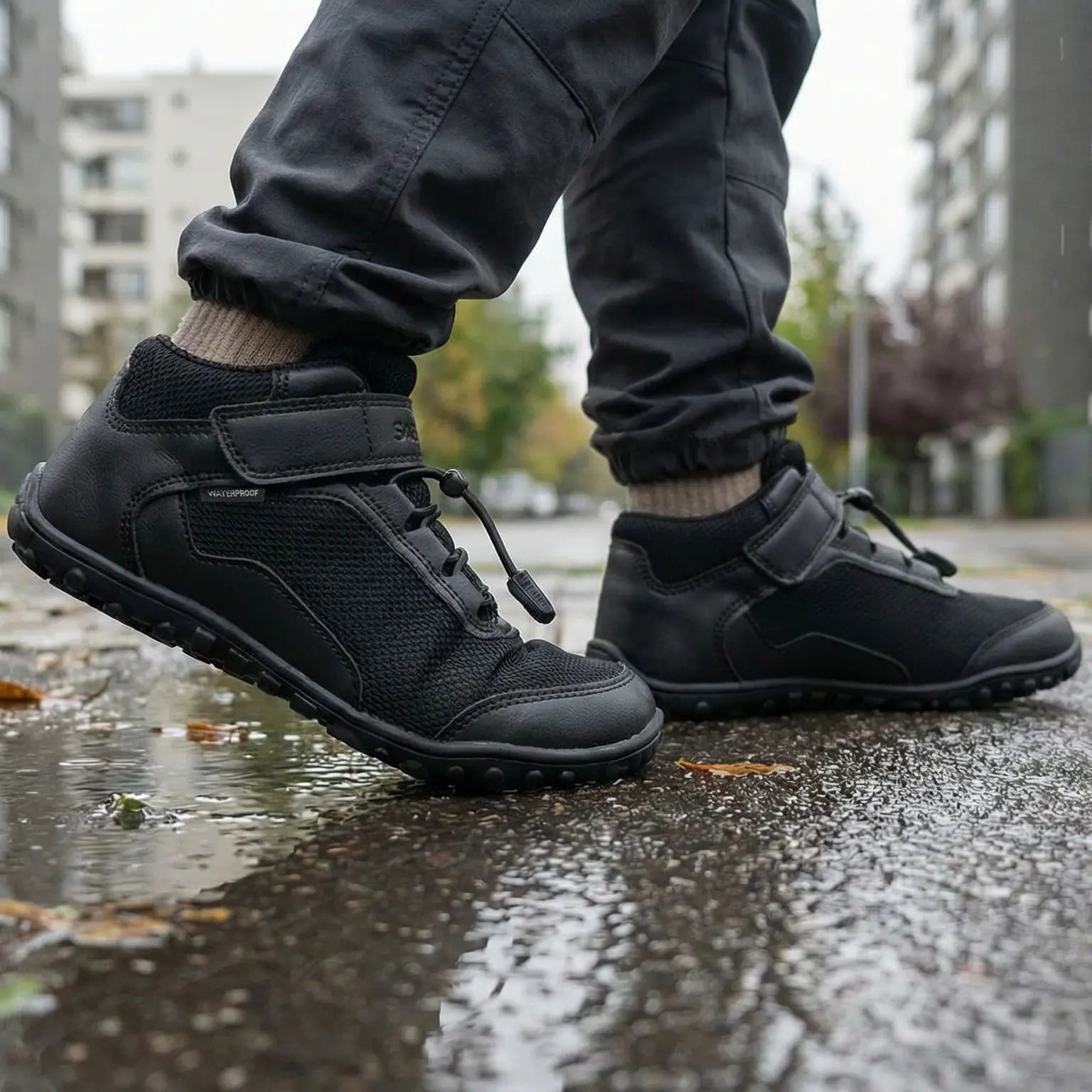 Niño con botas barefoot Saguaro Brave I, calzado técnico que mantiene los pies secos y saludables.