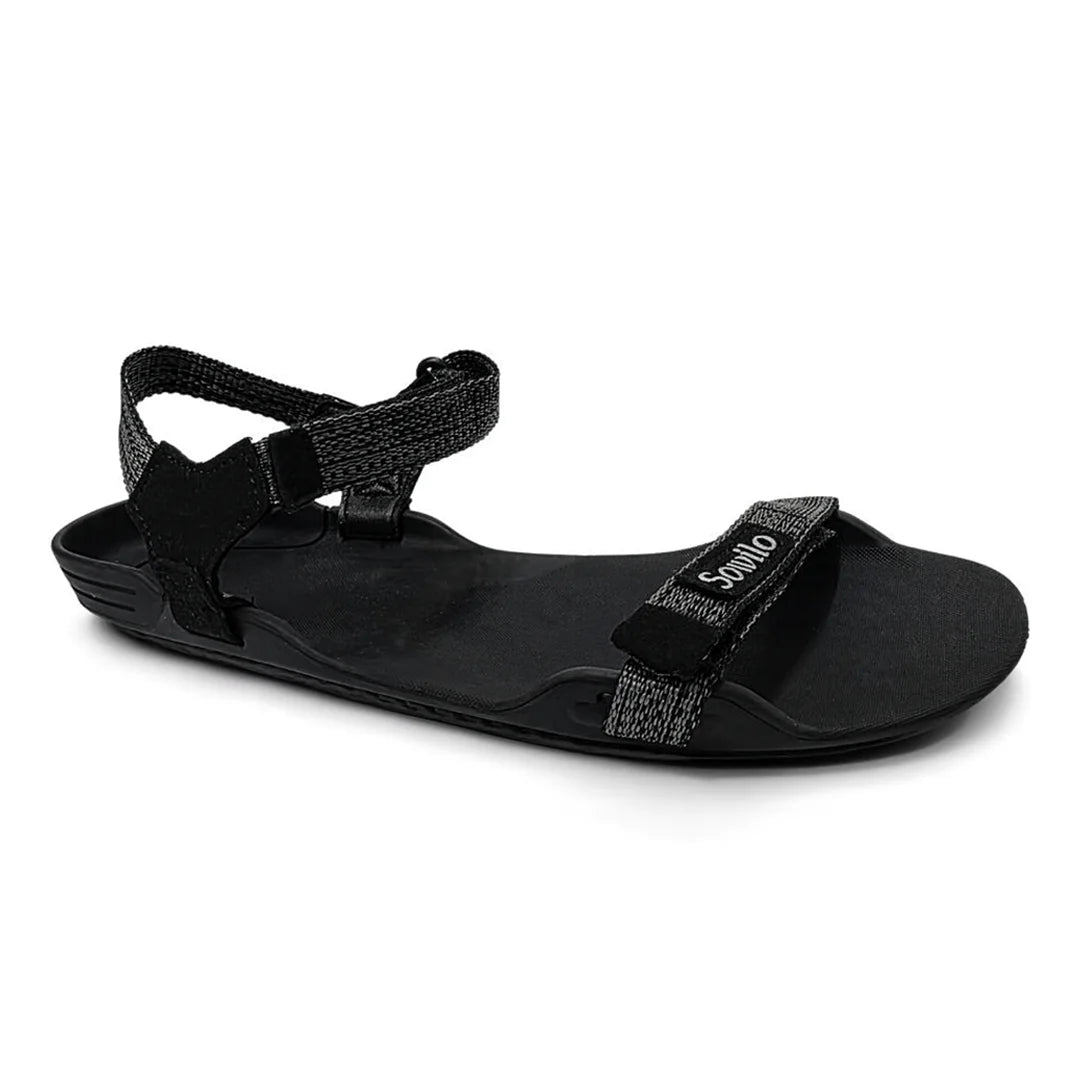 Sandalia barefoot Sowilo Raido negra vista lateral principal. 