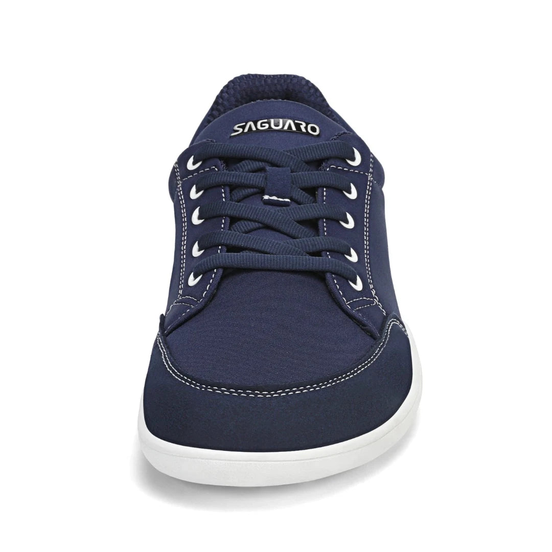 Zapatilla Saguaro Stellar II azul vista frontal resaltando puntera ancha ergonómica.