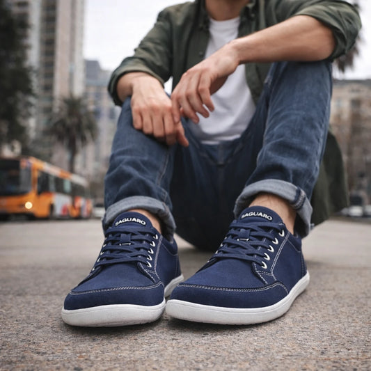 Hombre sentado usando Saguaro Stellar II azul en la vía publica 