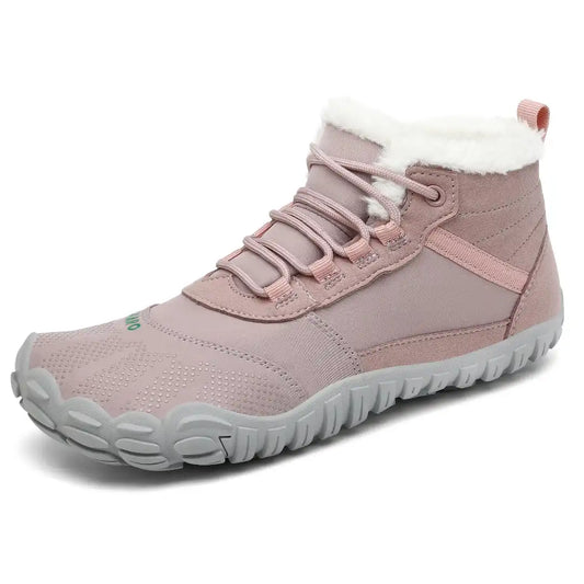 Bota Saguaro Will I rosa vista lateral diseñada para invierno barefoot.