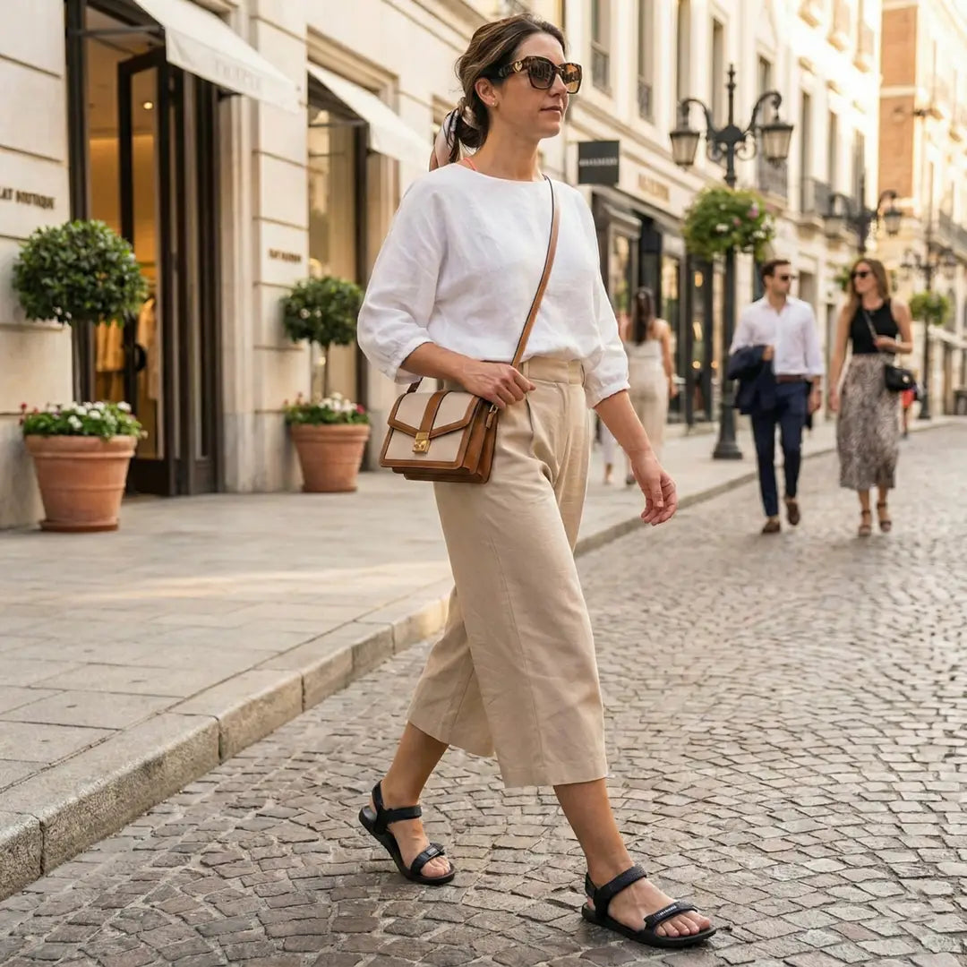 Mujer usando sandalias barefoot Sowilo Raido negras en la ciudad, estilo casual.