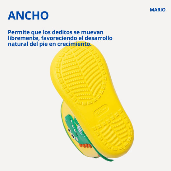 Vista inferior de la bota mostrando el espacio anatómico para el libre movimiento de los dedos.