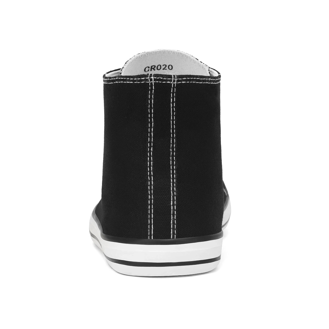 Vista trasera de botín barefoot negro, caña alta flexible sin contrafuerte.