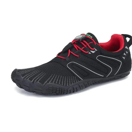 Zapatillas Saguaro Vitality IV rojas vista lateral mostrando diseño barefoot minimalista.