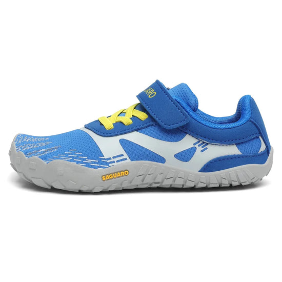 Zapatillas anchas infantiles en azul y gris con suela flexible zero drop.