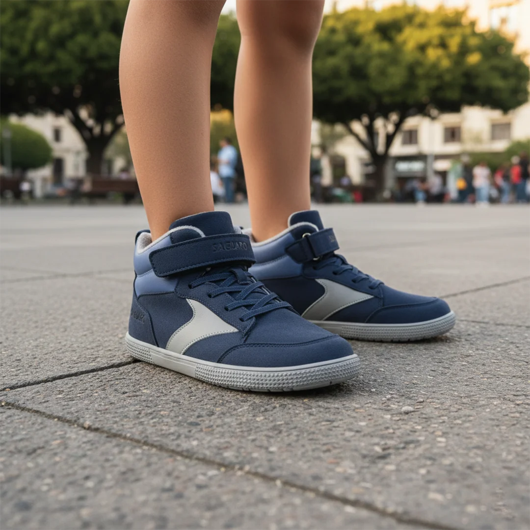 Niño caminando en una plaza usando zapatillas anchas infantiles Saguaro color azul.