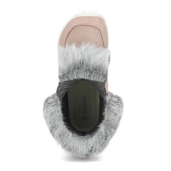 Detalle del forro térmico de pelo gris interior en botines barefoot mujer rosa.