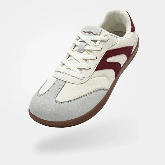 Zapatillas de transición barefoot Hobibear Orchid en beige y rojo con diseño ergonómico.