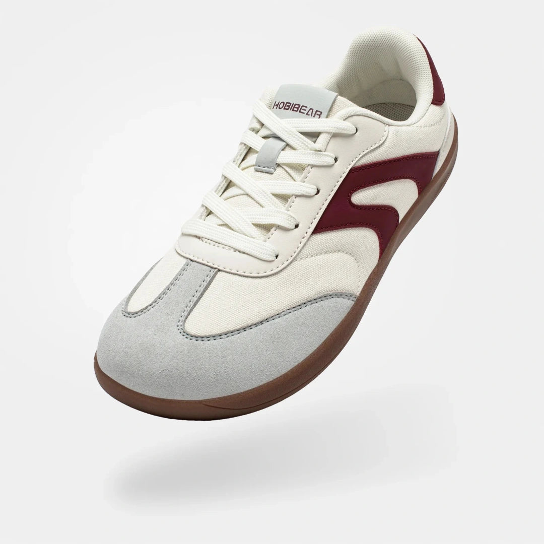 Zapatillas de transición barefoot Hobibear Orchid en beige y rojo con diseño ergonómico.