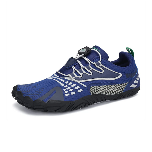 Zapatillas ergonómicas azules Saguaro Vitality II de perfil, calzado deportivo con drop cero para entrenamiento funcional en Chile.