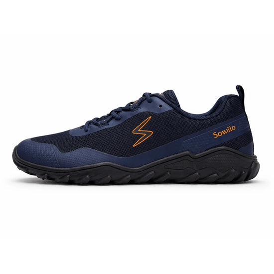 Calzado barefoot outdoor para hombre marca Sowilo color azul, vista lateral que destaca su diseño ergonómico y ligero.
