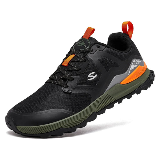 Zapatillas de transición barefoot Hobibear Aurora en negro y naranja con diseño técnico ergonómico.