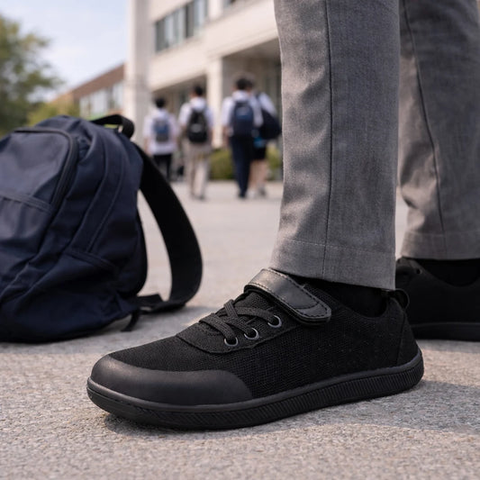 Zapato escolar barefoot negro ZZFABER usando en el colegio.