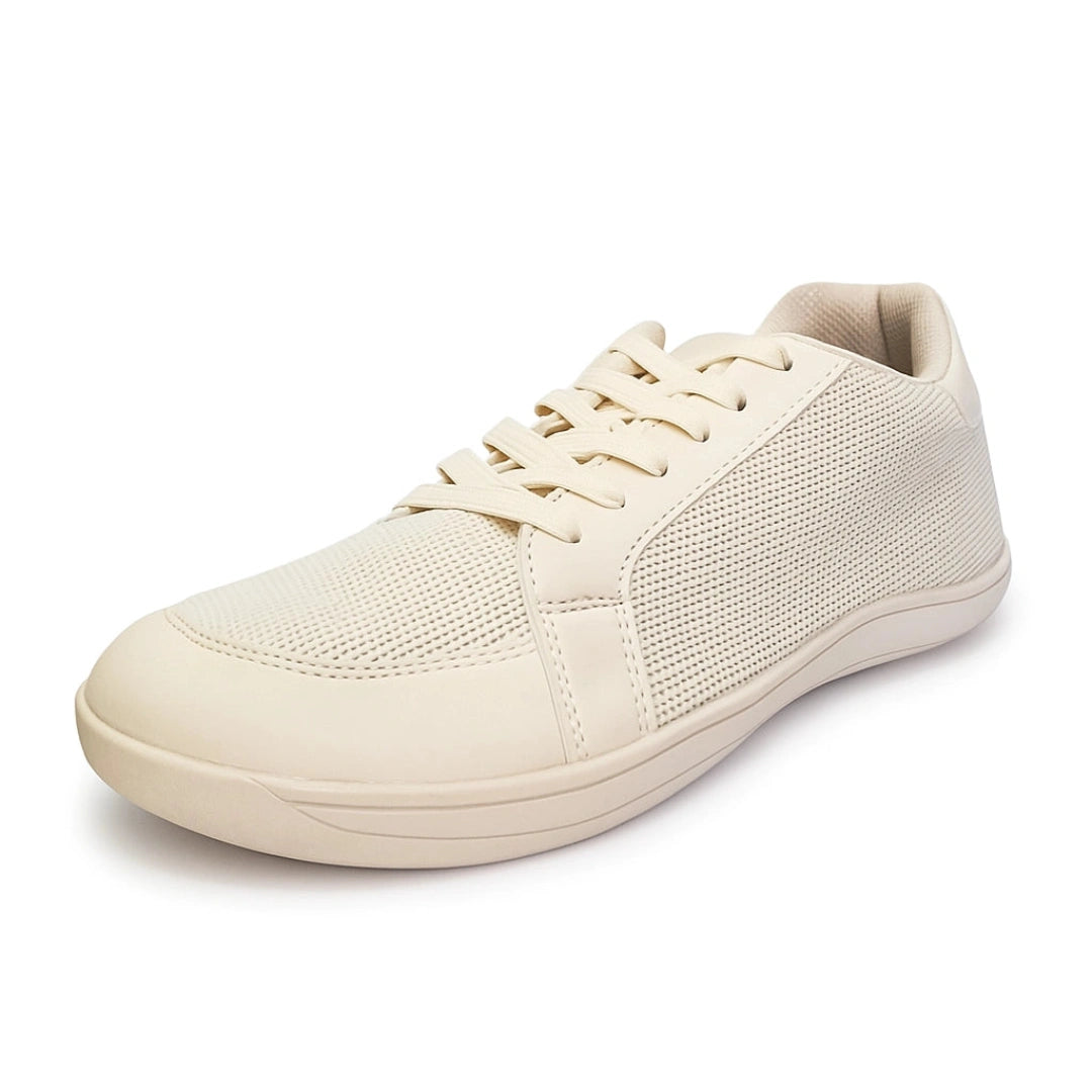 Zapatilla barefoot zzfaber Bamba I beige vista diagonal, calzado urbano minimalista.