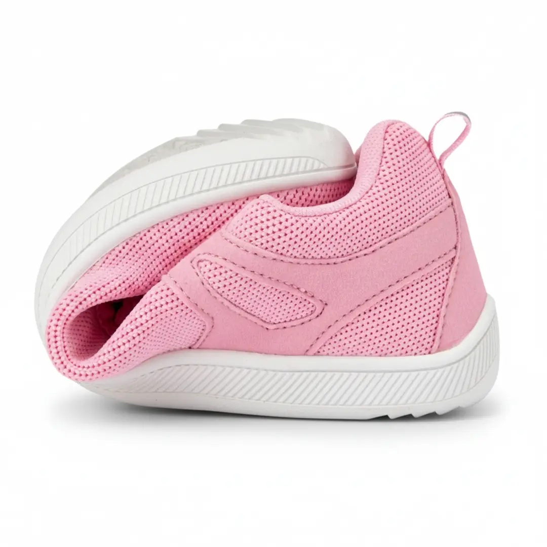 Zapatilla ZZfaber Comfy I rosa doblada mostrando flexibilidad barefoot.